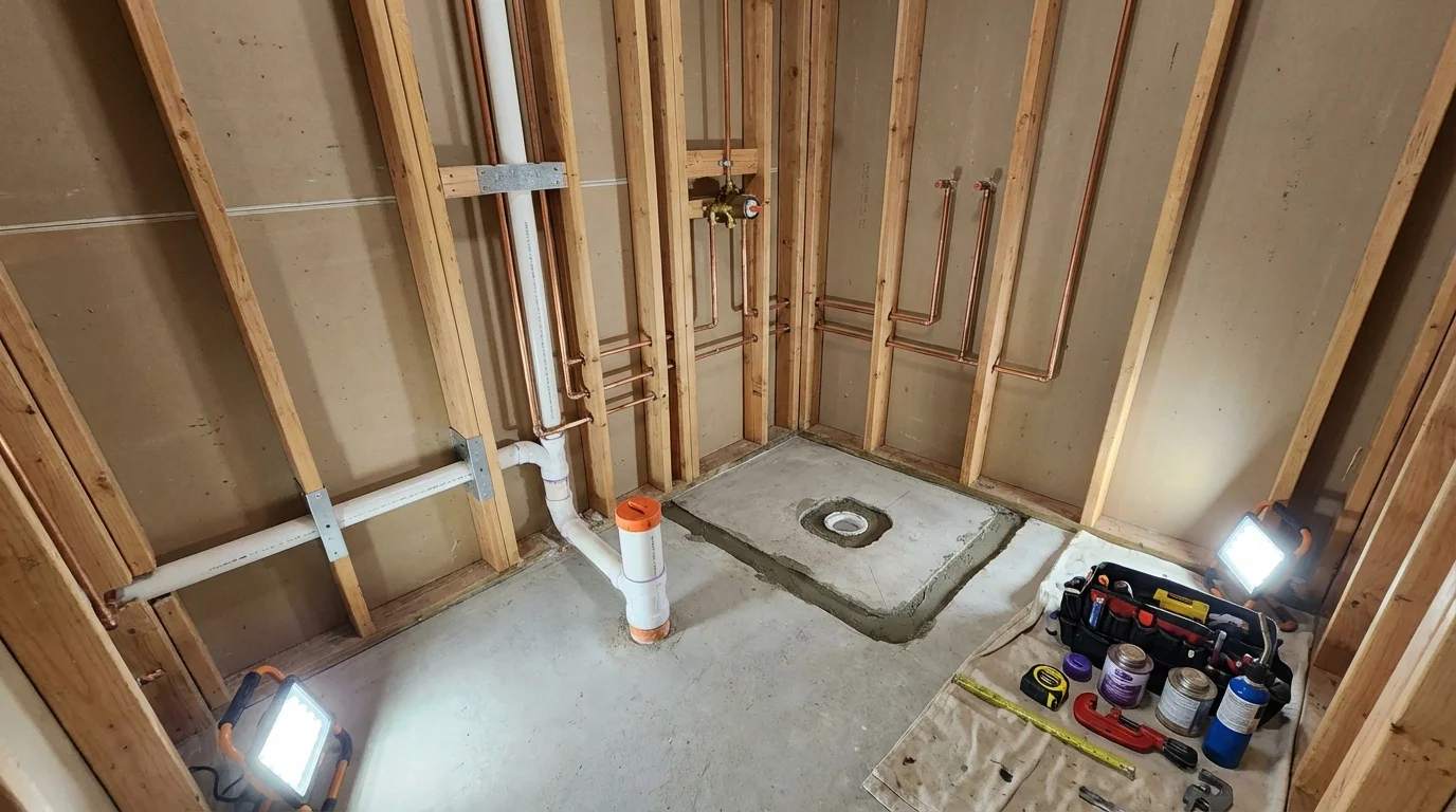 Bathroom rough-in plumbing during remodel by Johns Plumbing LLC in Lemon Grove