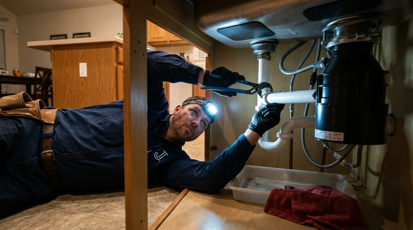 P-trap and supply line connections under a kitchen sink showing a common leak point in Lemon Grove, CA